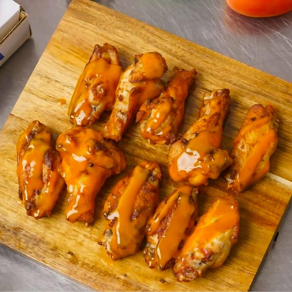Ten Five Star Pizza chicken wings, coated in orange sauce, arranged on a wooden board.