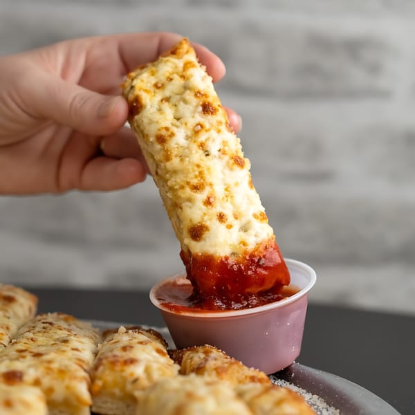 Hand dipping a cheesy Five Star Pizza breadstick into a small cup of marinara sauce.